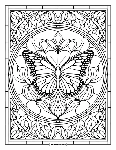 Coloriage de mandala de papillon pour adultes : Papillon avec un mandala floral, entouré de motifs botaniques façon vitrail