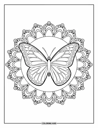 Coloriage de mandala de papillon pour adultes : Papillon aux motifs d'ailes délicats encadré de designs en dentelle florale