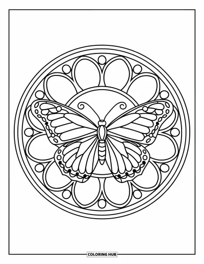 Coloriage de mandala de papillon pour adultes : Papillon aux ailes déployées dans un mandala entouré de tourbillons et de rosaces