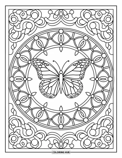 Coloriage de mandala de papillon pour adultes : Papillon avec des boucles florales et de lianes façon vitrail qui remplissent toute la page