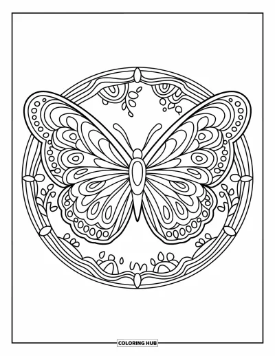 Coloriage de mandala de papillon pour adultes : Papillon détaillé fait de lianes et de fleurs superposées dans un mandala circulaire