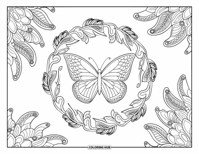 Coloriage de mandala de papillon pour adultes : Grand papillon aux ailes en mandala entouré d'une bordure de lianes, de plumes et d'éventails