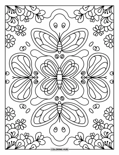 Coloriage de mandala de papillon pour adultes : Des papillons et des fleurs tourbillonnent dans un mandala chaleureux et douillet