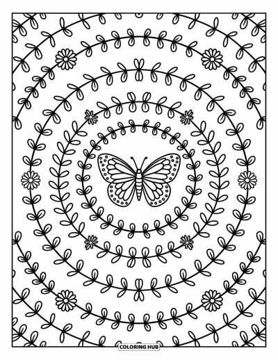 Coloriage de mandala de papillon pour adultes : Mandala symétrique avec un papillon, des étoiles brillantes et des lianes de feuilles