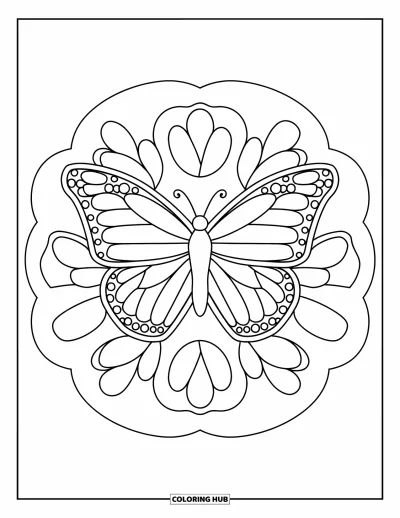 Coloriage de mandala de papillon pour enfants : Grand papillon encadré de grosses pétales de fleurs disposées en anneau