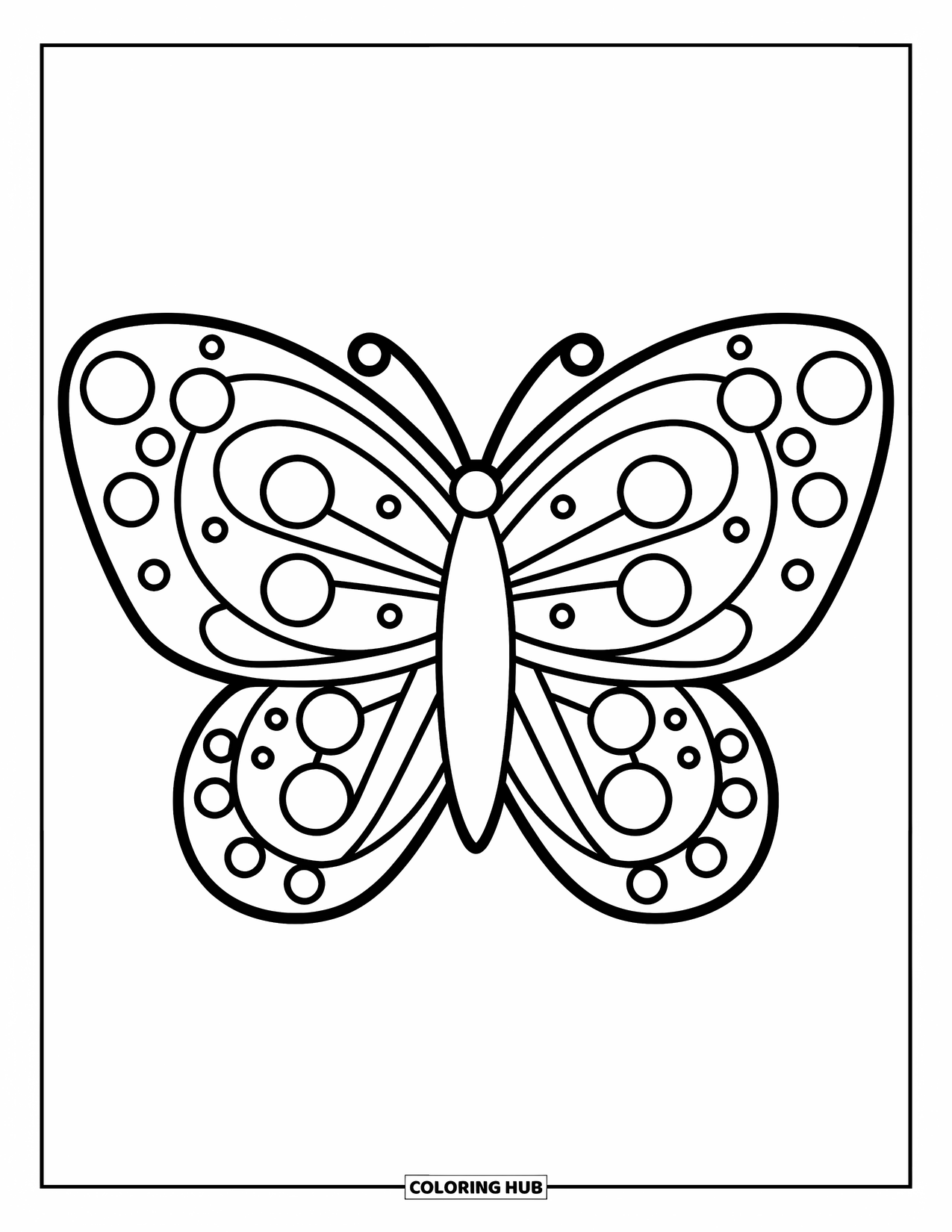 Butterfly Mandala Coloring Page for Kids: Bold butterfly mandala with dots, swirls, and big spaces