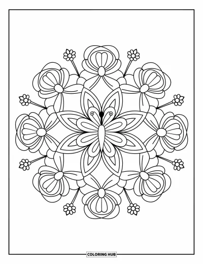 Coloriage de mandala de papillon pour enfants : Mandala de papillon avec des formes florales et des feuilles bien marquées