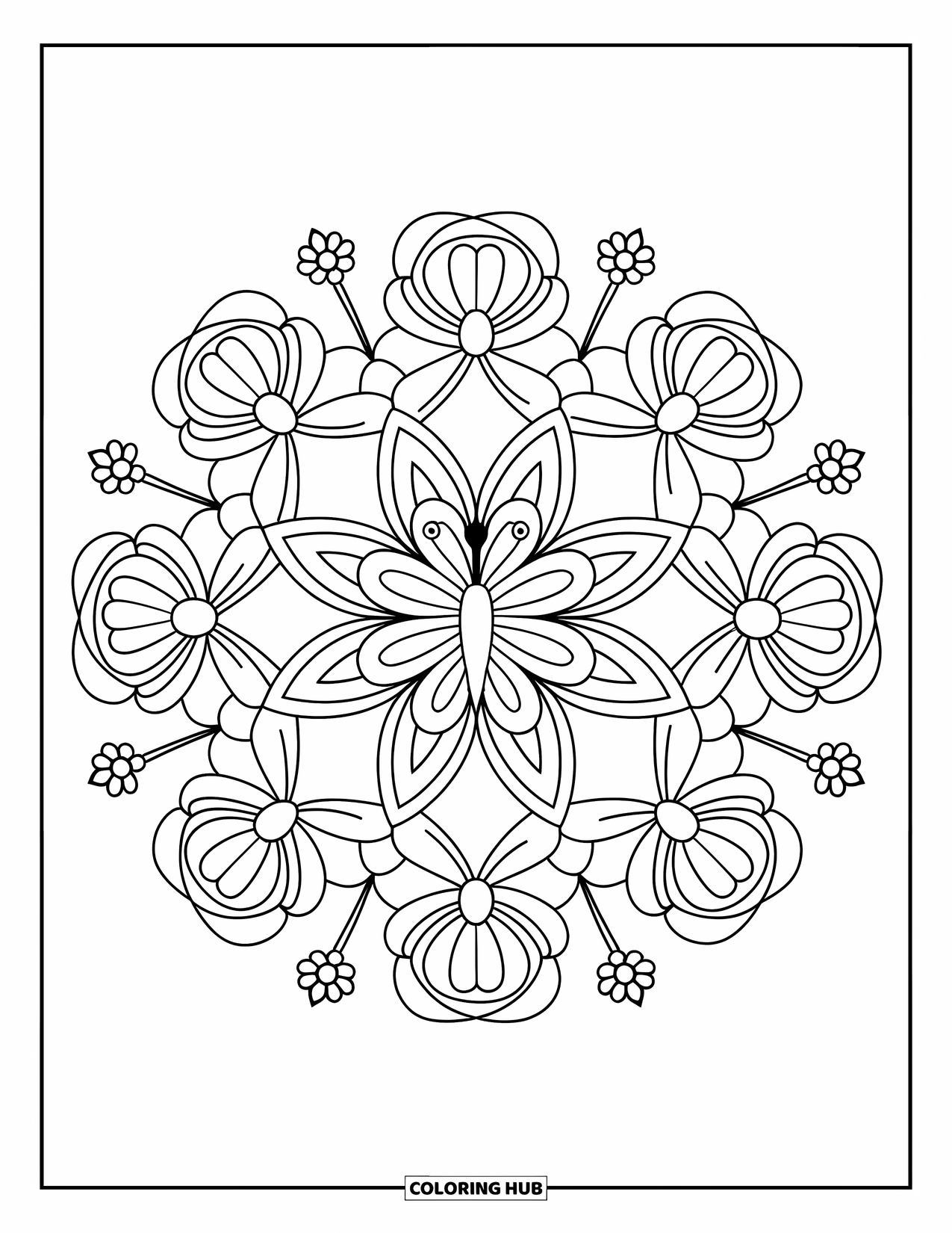 Butterfly Mandala Coloring Page for Kids: Bold butterfly mandala with flower and leaf shapes