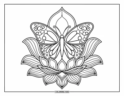 Coloriage de mandala de papillon pour enfants : Grand mandala avec un papillon et un lotus en fleur pour une atmosphère apaisante