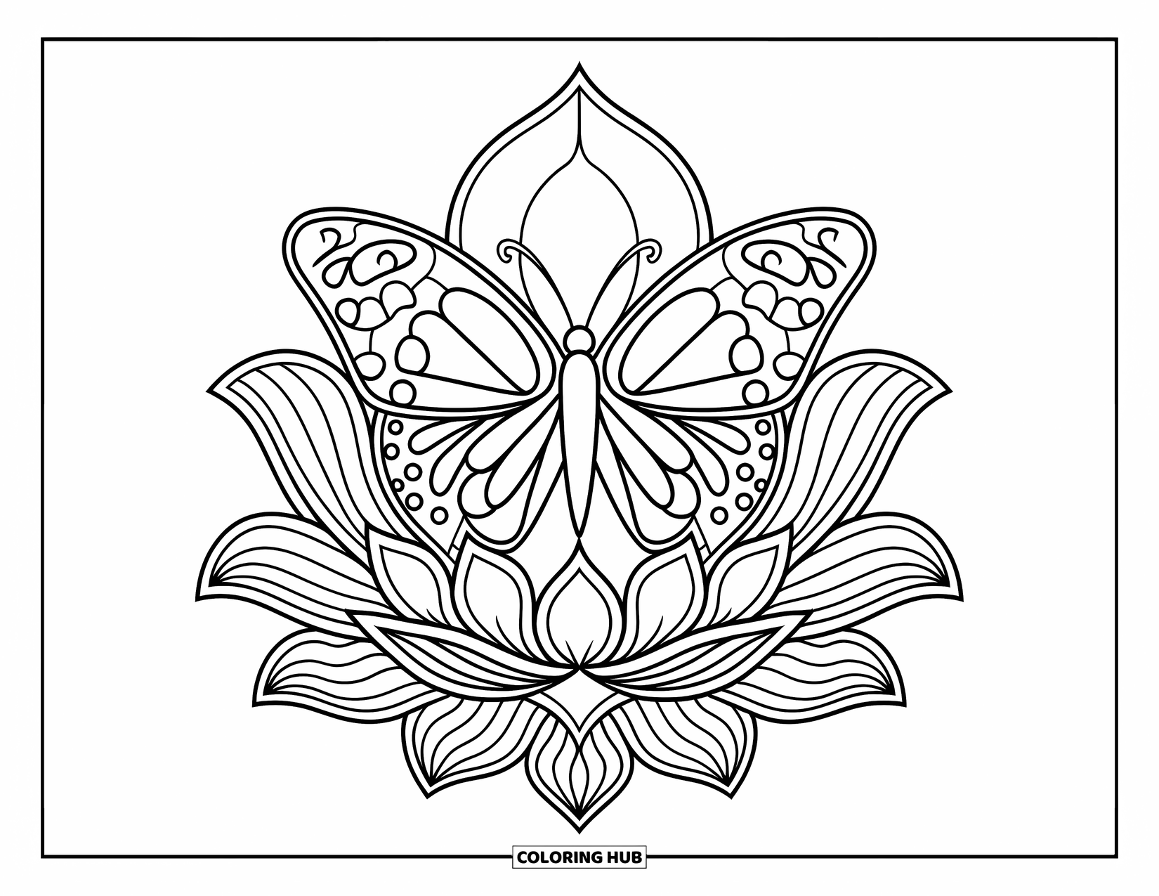 Butterfly Mandala Coloring Page for Kids: Bold mandala with butterfly and blooming lotus creates a peaceful vibe
