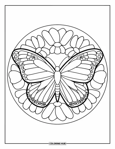 Coloriage de mandala de papillon pour enfants : Papillon et grandes pétales forment un mandala rond et lumineux