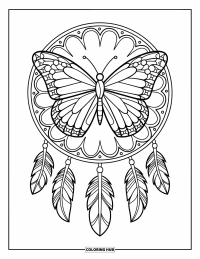 Coloriage de mandala de papillon pour enfants : Un papillon et des plumes tourbillonnent dans un mandala attrape-rêves expressif
