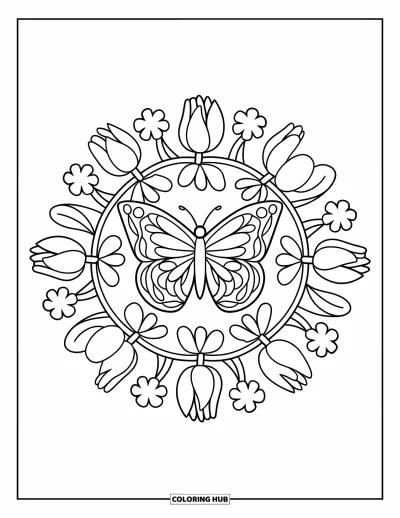 Coloriage de mandala de papillon pour enfants : Papillon au cœur de tulipes et de lianes dans un mandala plein de fantaisie