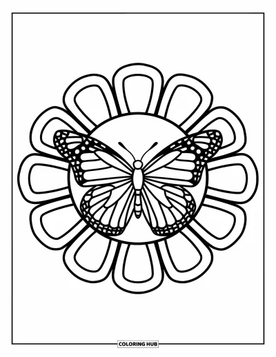 Coloriage de mandala de papillon pour enfants : Papillon au centre de larges pétales de fleurs
