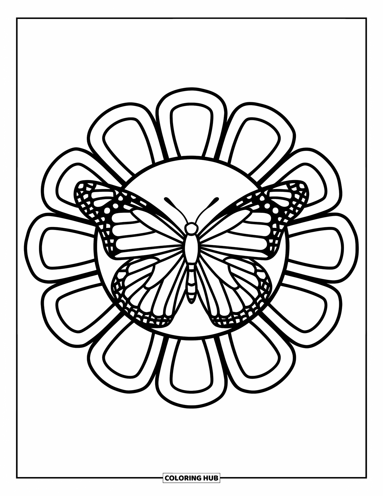 Butterfly Mandala Coloring Page for Kids: Butterfly in the middle of chunky flower petals