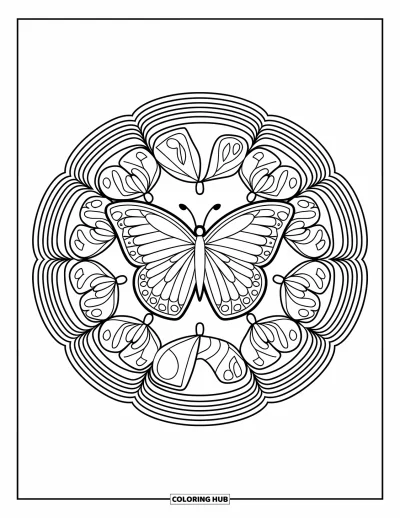 Coloriage de mandala de papillon pour enfants : Papillon au centre d'anneaux arc-en-ciel et de motifs joyeux