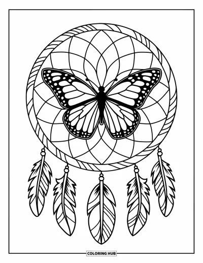 Coloriage de mandala de papillon pour enfants : Papillon dans un mandala style attrape-rêves avec des plumes et des lignes fines
