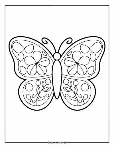 Coloriage de mandala de papillon pour enfants : Papillon formé de grandes fleurs et de feuilles disposées en cercle