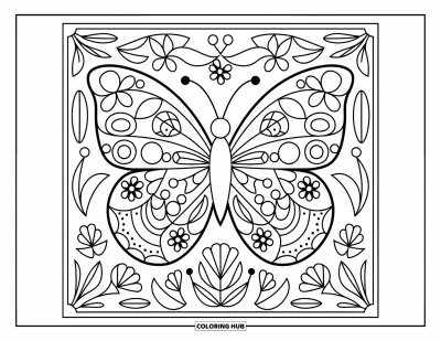 Coloriage de mandala de papillon pour enfants : Mandala de papillon rempli de fleurs printanières joyeuses et de formes enjouées
