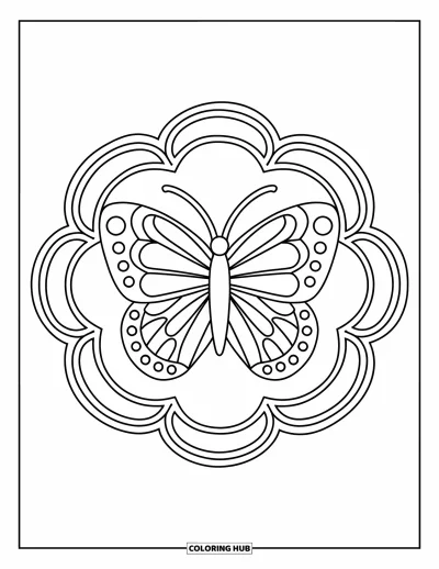 Coloriage de mandala de papillon pour enfants : Mandala de papillon encadré de larges arcs en forme d'arc-en-ciel