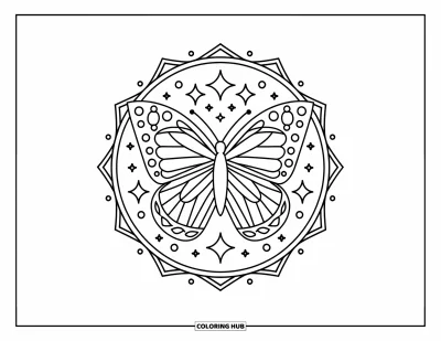 Coloriage de mandala de papillon pour enfants : Mandala de papillon scintillant avec des étoiles et des bordures géométriques tout autour