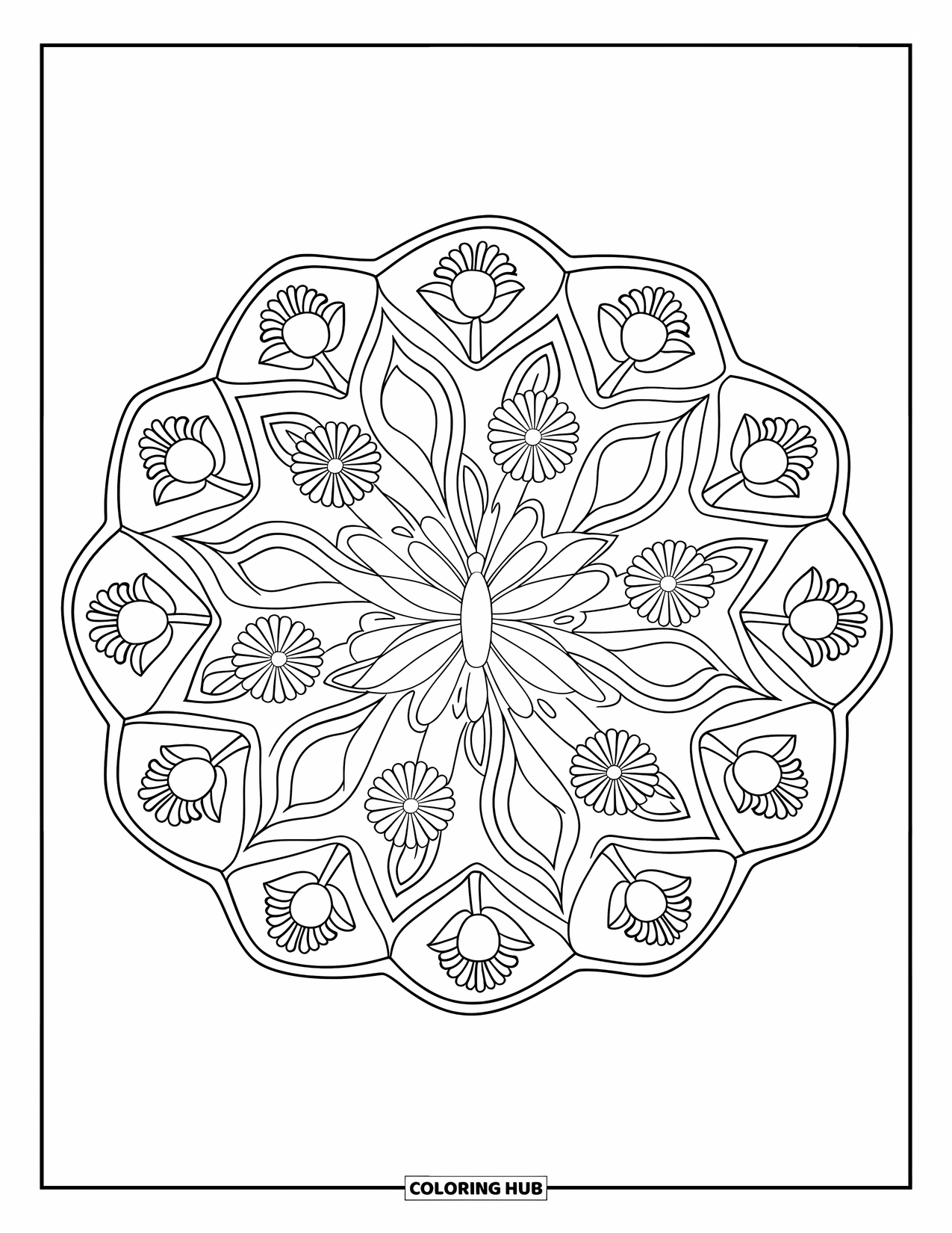 Butterfly Mandala Coloring Page for Kids: Butterfly mandala spirals with daisies and tulips in playful loops