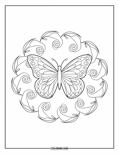 Coloriage de mandala de papillon pour enfants : Mandala de papillon tourbillonnant avec des lianes de feuilles et de douces fleurs