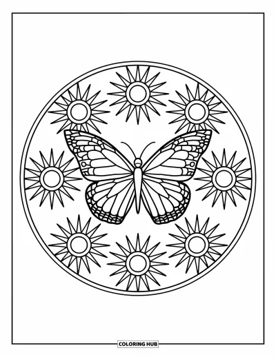 Coloriage de mandala de papillon pour enfants : Mandala de papillon avec des rayons de soleil et de grandes formes florales