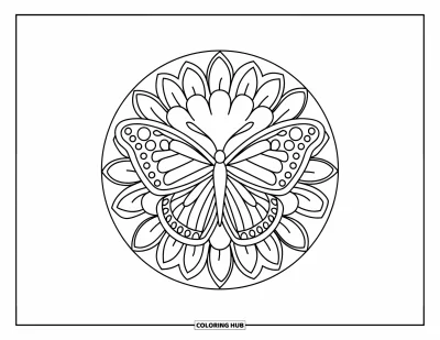 Coloriage de mandala de papillon pour enfants : Papillon sur une fleur avec des formes de feuilles qui s'élancent en spirale dans un mandala amusant