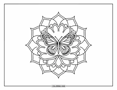 Coloriage de mandala de papillon pour enfants : Papillon posé sur un lotus entouré de pétales superposées dans un mandala audacieux
