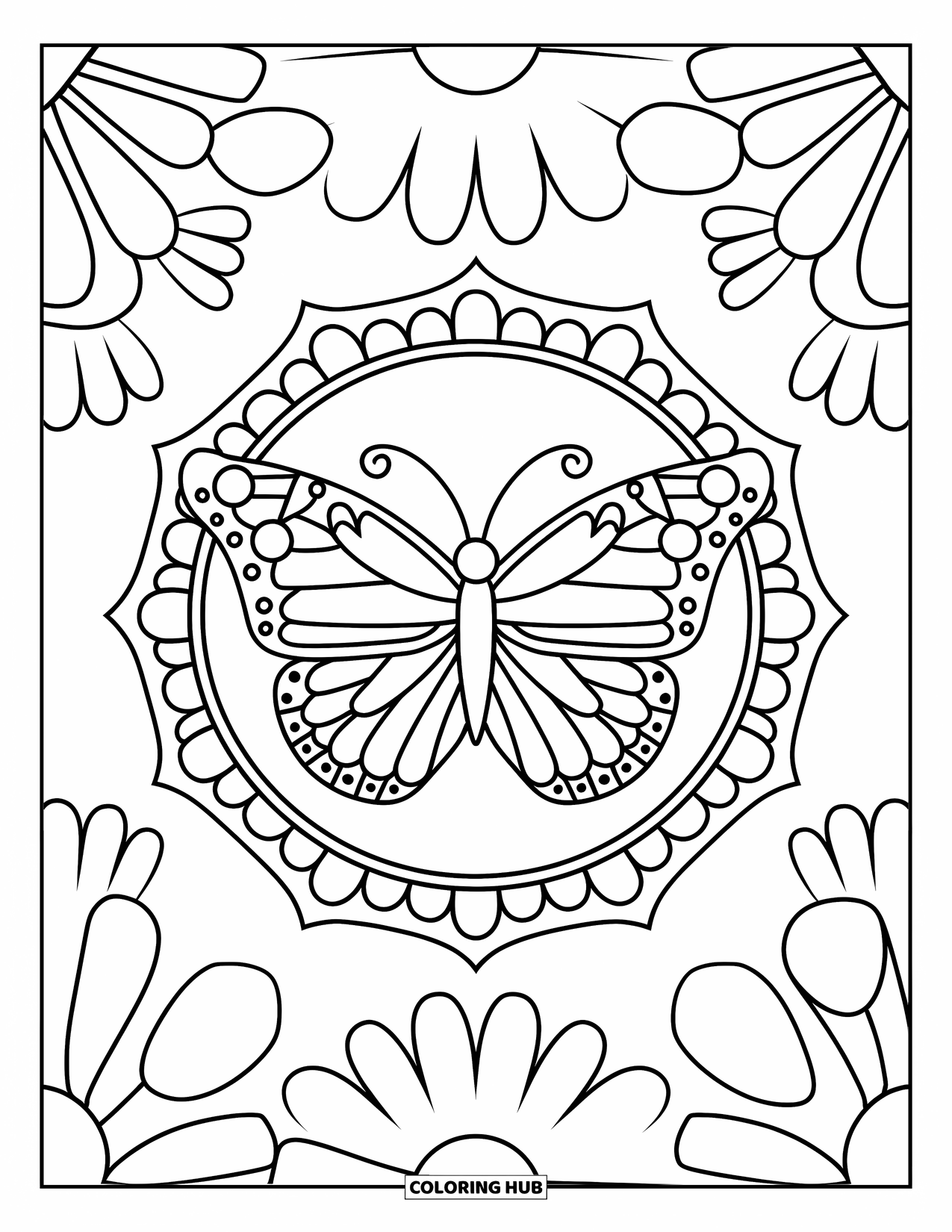 Butterfly Mandala Coloring Page for Kids: Butterfly surrounded by sunbursts and flower petals
