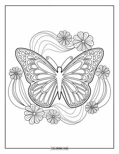 Coloriage de mandala de papillon pour enfants : Papillon aux ailes détaillées encadré dans un mandala floral en spirale