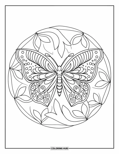 Coloriage de mandala de papillon pour enfants : Papillon aux ailes détaillées dans un mandala de boucles de feuilles