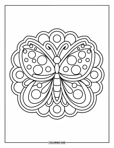 Coloriage de mandala de papillon pour enfants : Papillon avec des points et des tourbillons dans un mandala amusant et accueillant