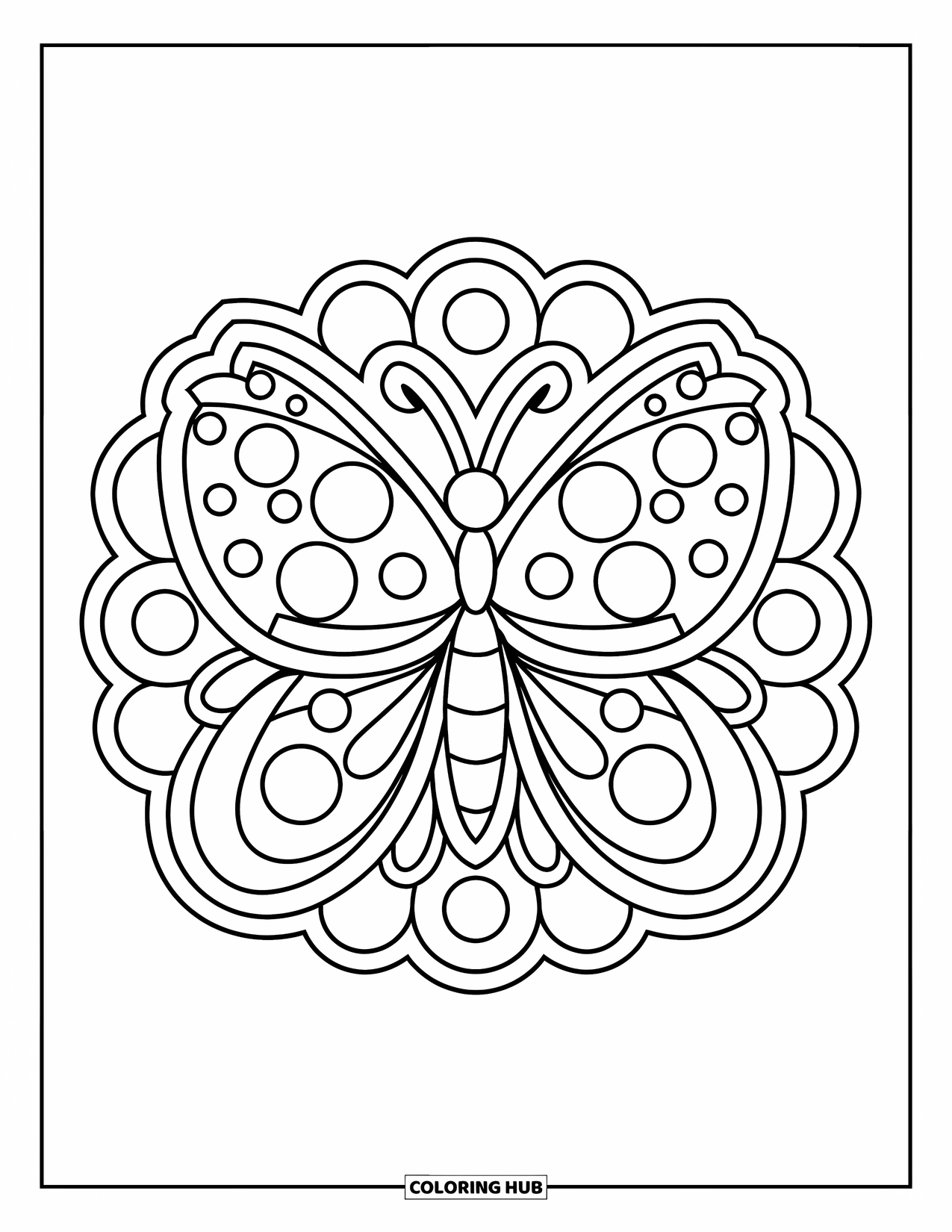 Butterfly Mandala Coloring Page for Kids: Butterfly with dots and swirls in a fun, friendly mandala