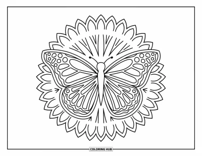 Coloriage de mandala de papillon pour enfants : Papillon aux ailes en forme de pétales déployées dans un mandala joyeux