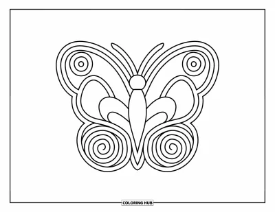 Coloriage de mandala de papillon pour enfants : Papillon aux ailes en spirale et aux lignes courbes pour un coloriage facile