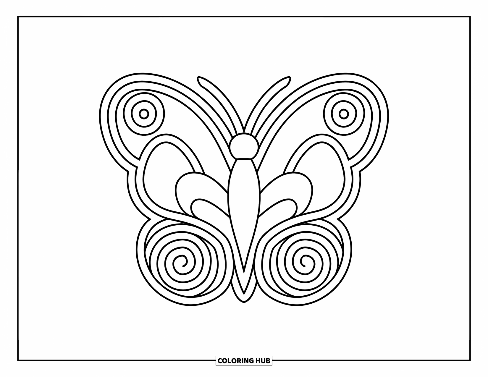 Butterfly Mandala Coloring Page for Kids: Butterfly with spiral wings and curvy lines for easy coloring