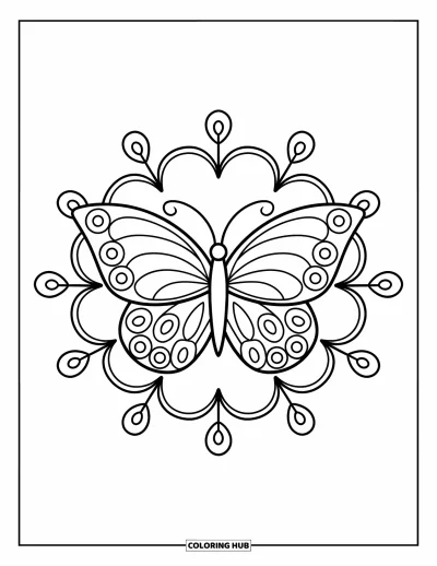 Coloriage de mandala de papillon pour enfants : Papillon central entouré de tourbillons de feuilles pour un mandala serein