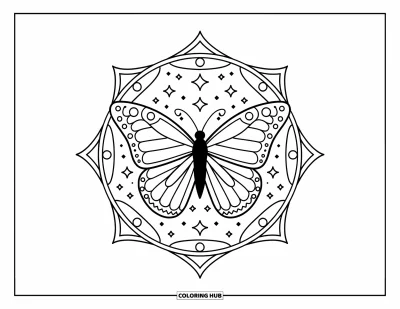Coloriage de mandala de papillon pour enfants : Papillon central entouré d'étoiles et d'étincelles dans un mandala moderne