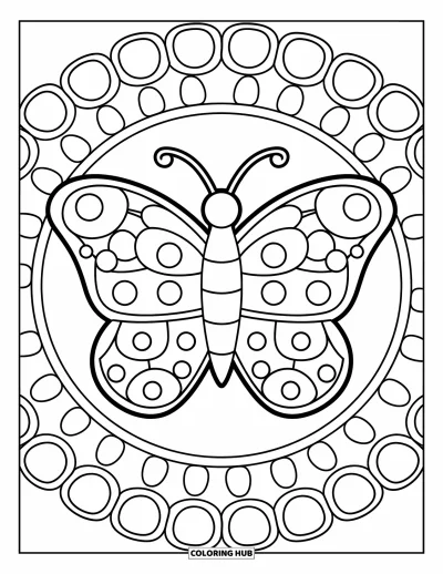 Coloriage de mandala de papillon pour enfants : Mignon papillon aux ailes tourbillonnantes avec des points et des contours bien marqués