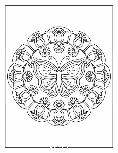 Coloriage de mandala de papillon pour enfants : Mandala en spirale de marguerites et de tulipes avec un papillon au centre