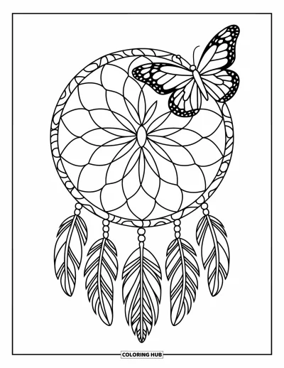 Coloriage de mandala de papillon pour enfants : Mandala de papillon inspiré d'un attrape-rêves avec des lignes audacieuses et une énergie moderne