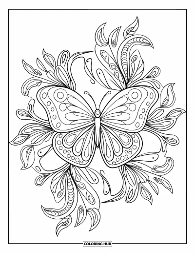 Coloriage de mandala de papillon pour enfants : Mandala de style paisley entourant un papillon en mouvement