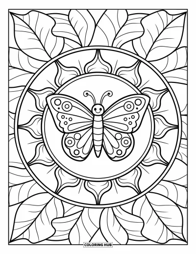 Coloriage de mandala de papillon pour enfants : Joyeux papillon entouré de grandes feuilles bien marquées