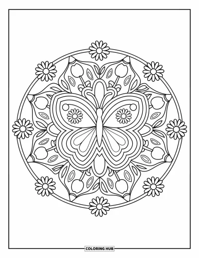 Coloriage de mandala de papillon pour enfants : Mandala de papillon en couches avec des marguerites et des tulipes en spirale