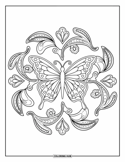 Coloriage de mandala de papillon pour enfants : Des traînées de feuilles et des ailes de papillon composent un mandala plein d'énergie