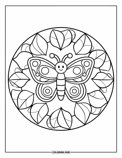 Coloriage de mandala de papillon pour enfants : Un cercle de feuilles entoure un joyeux papillon au centre