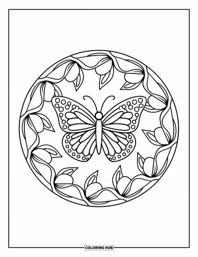 Coloriage de mandala de papillon pour enfants : Mandala en spirale de feuilles enveloppant un papillon aux motifs variés