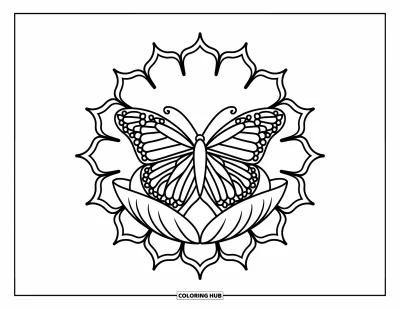 Coloriage de mandala de papillon pour enfants : Un socle en lotus porte un papillon au cœur de ce mandala expressif